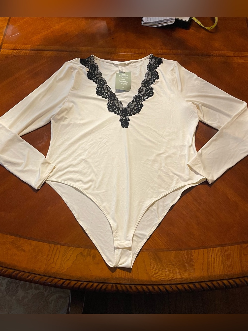 H&M White Long-Sleeve Lace Trim Bodysuit